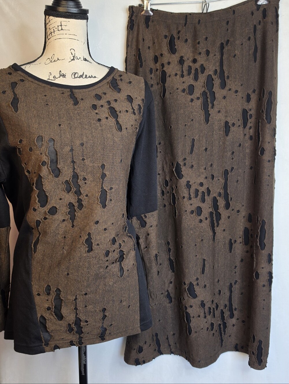 Roni Bis Distressed Shredded Knit Top & Maxi Skirt Set Dark Brown Black M Y2k